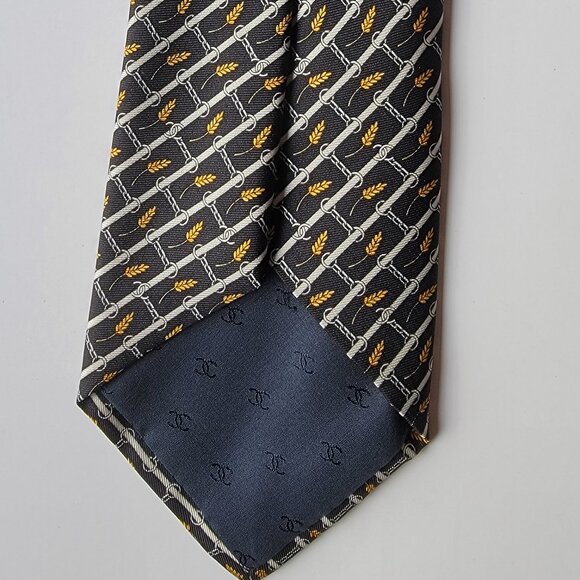 CHANEL Men's Vintage Tie 100% Silk Made in Italy black with yellow wheat pattern - Picture 2 of 5